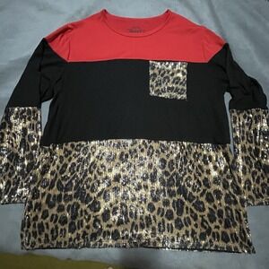 Women's Crazy Train XXL Brunch Date Leopard Red Sequin‎ Cheetah Print L/S Shirt
